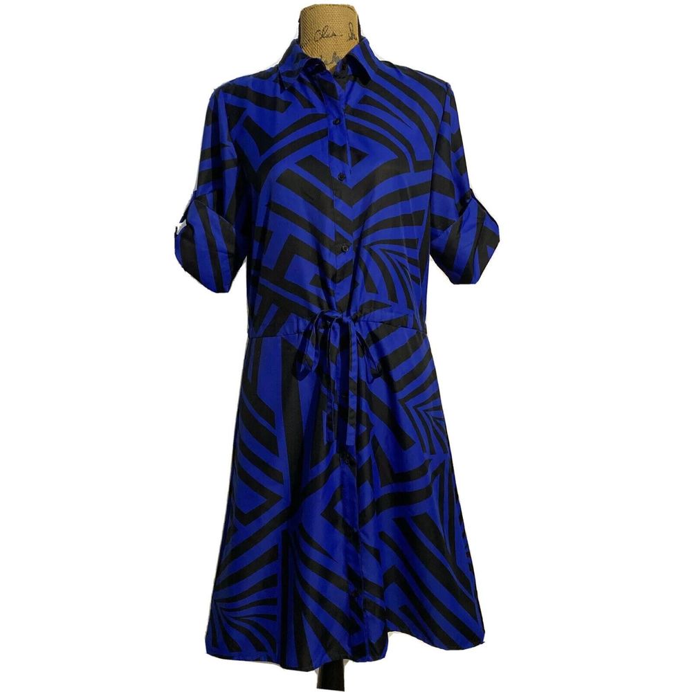 Calvin Klein Shirt Dress S Black Royal Blue Stripe Pocket A Line Midi Roll Sl LN